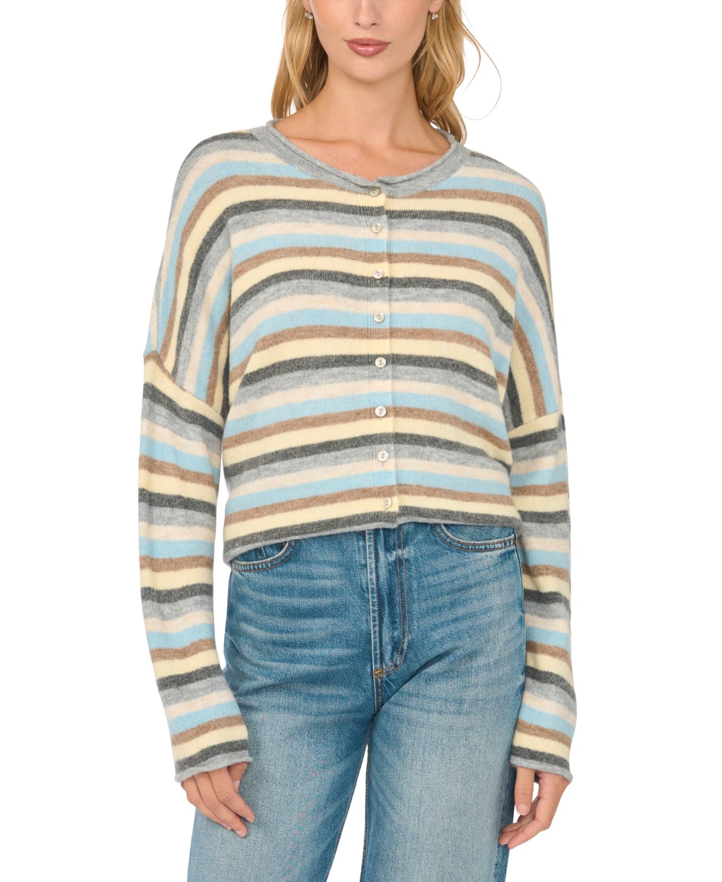 Женский кардиган CeCe Striped Crewneck Long-Sleeve Cardigan, цвет: Светлый меланжевый серый — фото 2