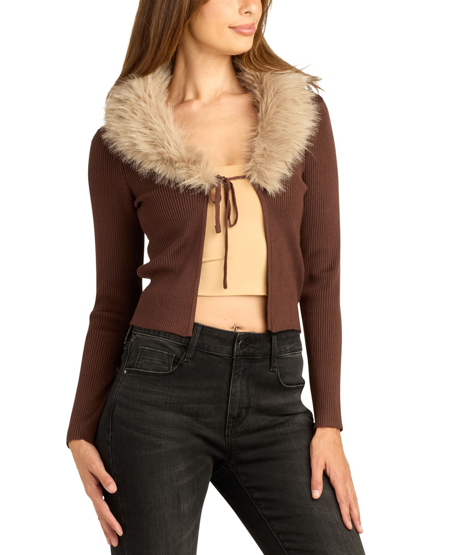 Juniors' Cropped Tie-Front Faux-Fur Cardigan Sweater