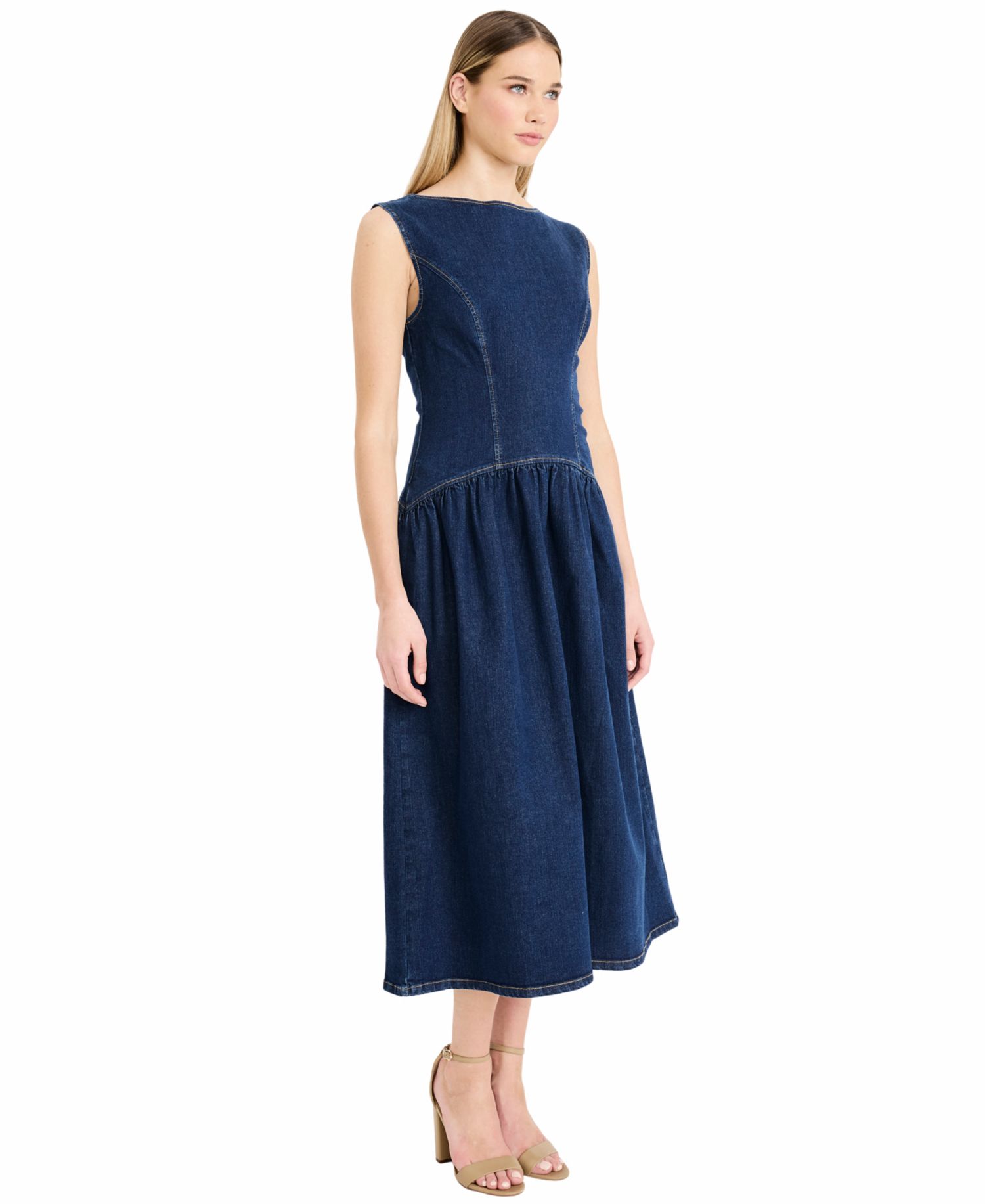 Women's Denim Sleeveless Crewneck Midi Dress
