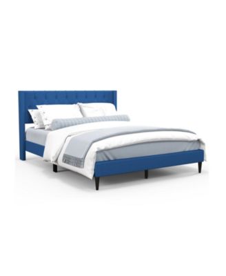 Queen Size Upholstered Platform Bed with Button Tufted Wingback Headboard, Blue