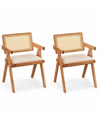 Set of 2 Rattan Accent Chairs with Padded Cushion and Rubber Wood Frame