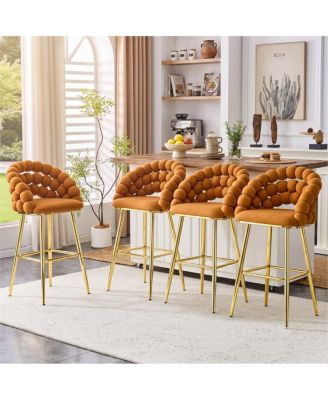Bar Stools Set of 4, Ball-Chain Bubble Back Accent Chairs, Velvet Cushion Seat, Metal Frame, Home Bar Seating
