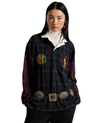 Women's Long-Sleeve Rugby Collar Plaid Rugby Jersey