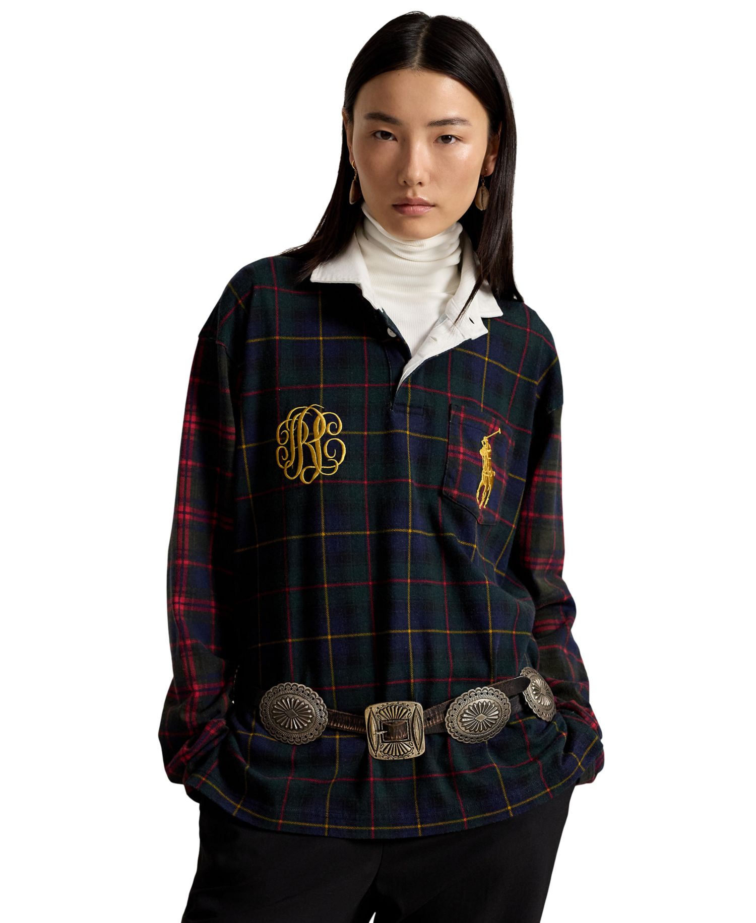 Women's Long-Sleeve Rugby Collar Plaid Rugby Jersey
