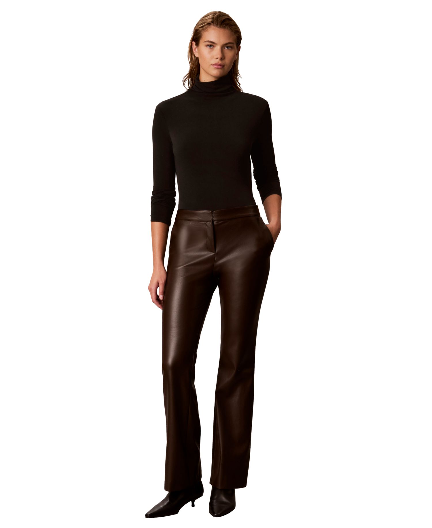 Women's Diagonal Pocket Boot Leg High-Waisted Faux Leather Pants