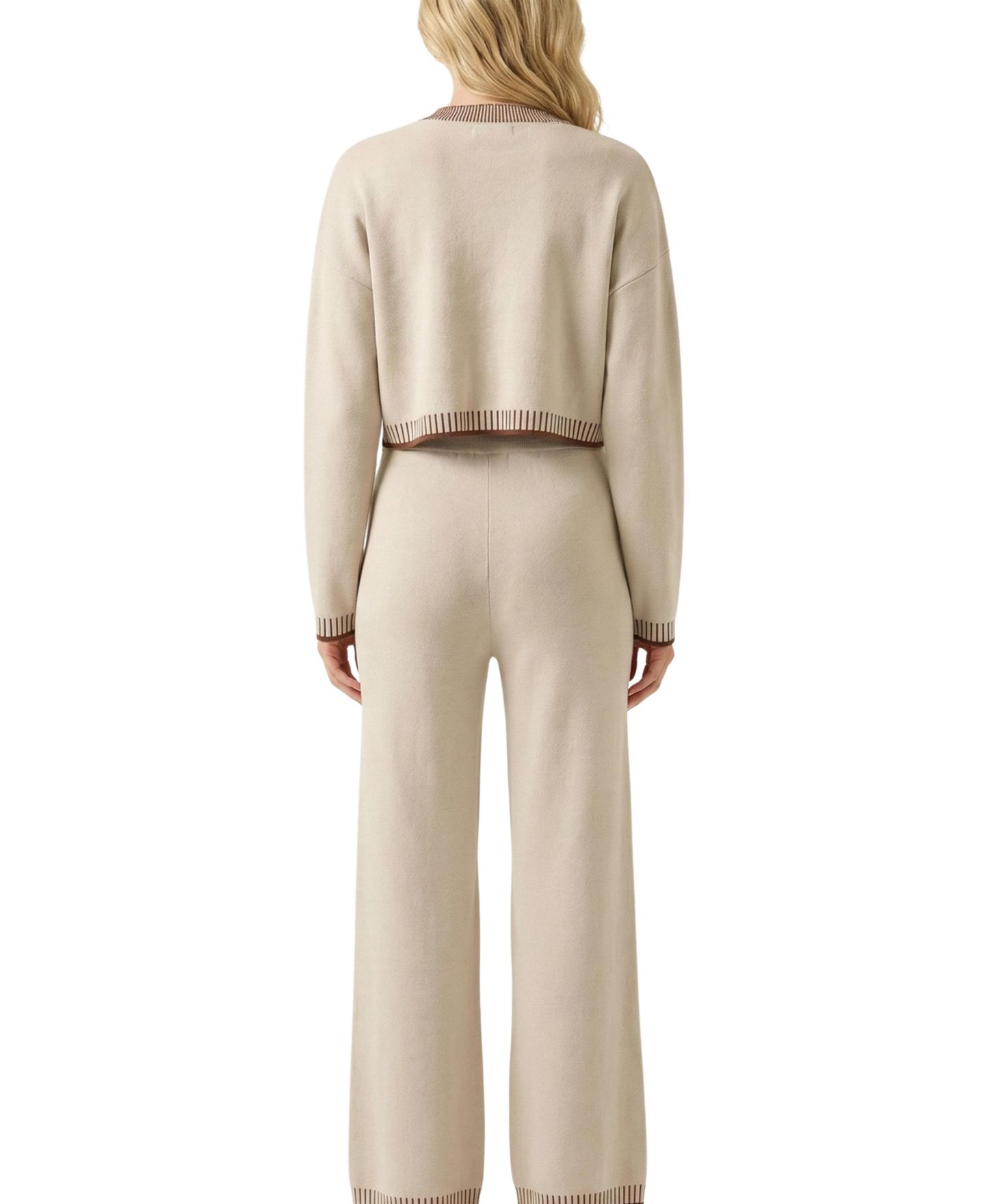 Женский комплект Modenaire Knit Contrast-Trim V-Neck Cropped Cardigan and Wide-Leg Pants, 2-Piece Set, цвет: Бежевый — фото 2