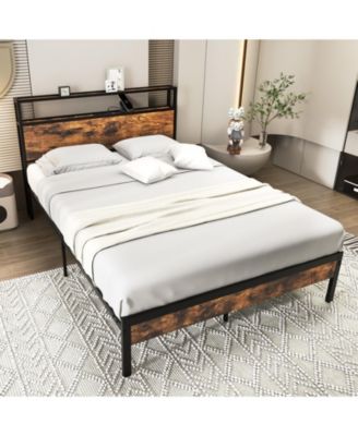 Twin Full Queen Bed Frame with Storage Headboard and Charging Station Full Size