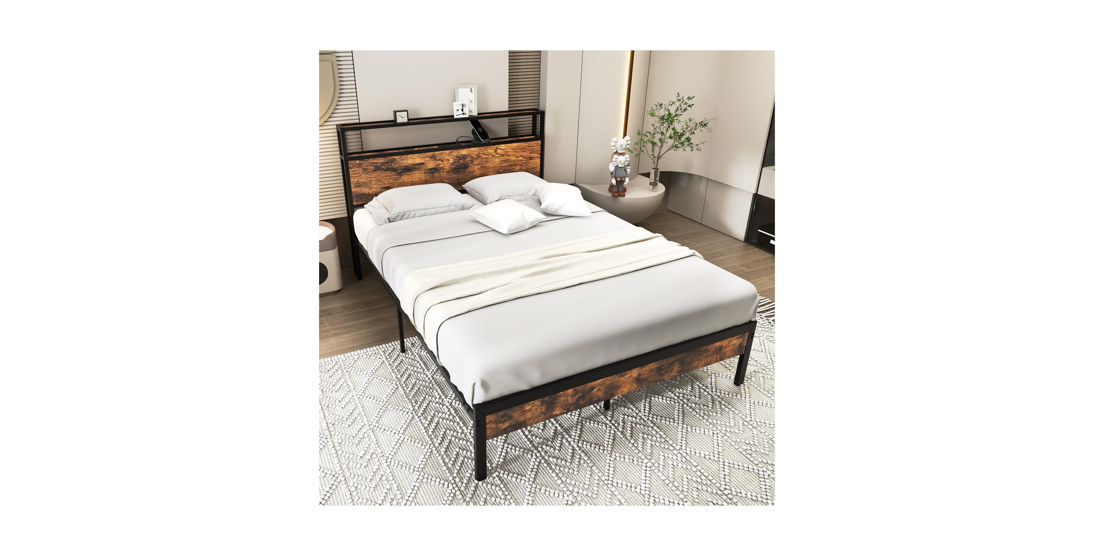 Mecale Twin Full Queen Bed Frame with Storage Headboard and Charging Station Full Size