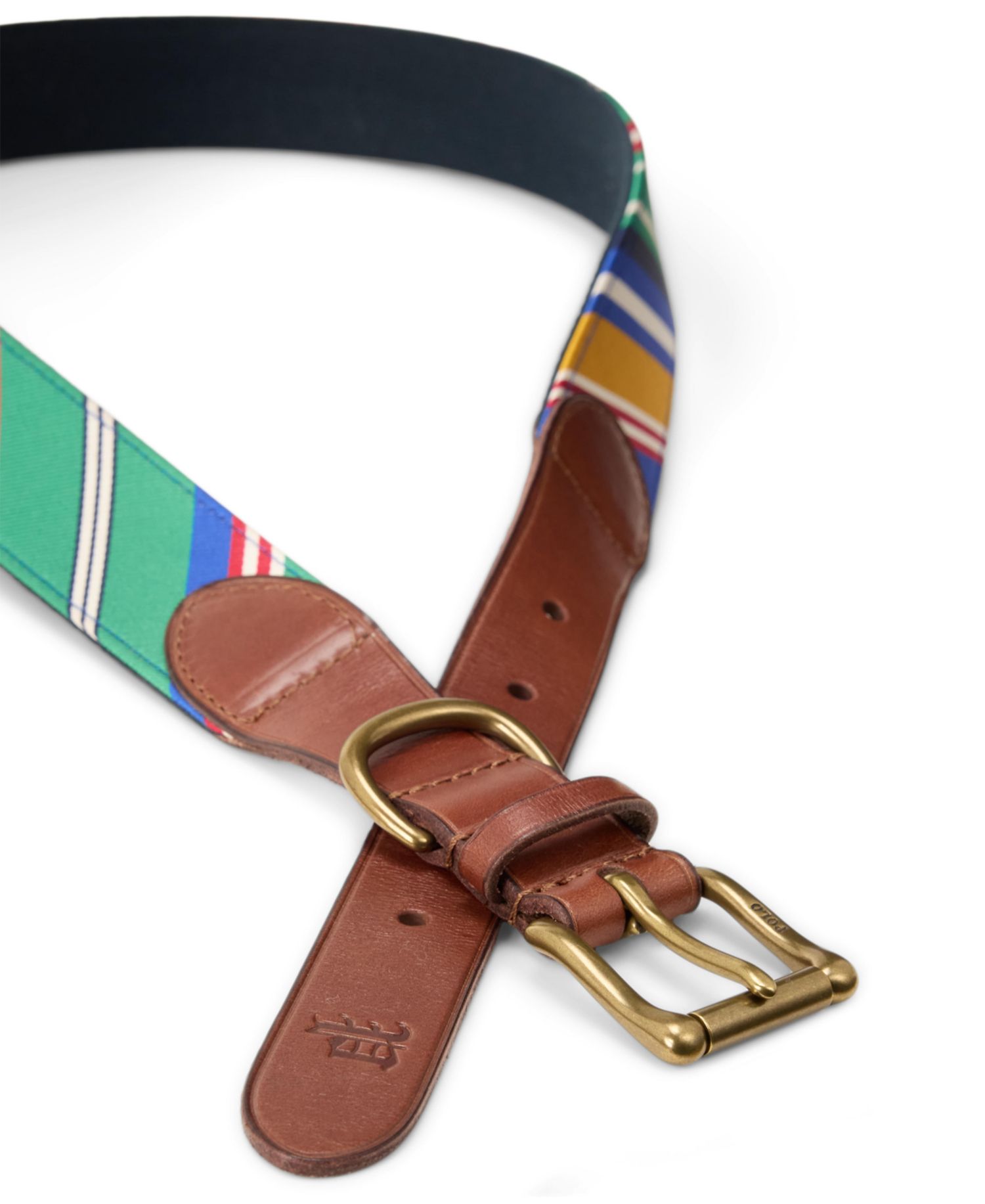 Leather-Trim Striped Jacquard Belt
