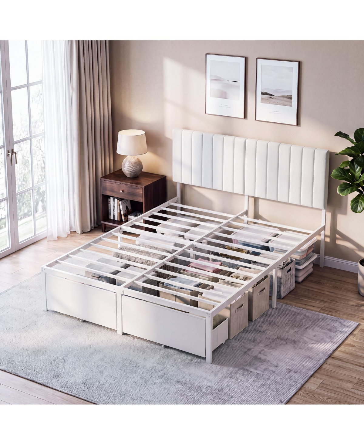 homfan Bed Frame with Upholstered Headboard, Adjustable Headboard Iron Platform Bed, No Box Spring Needed