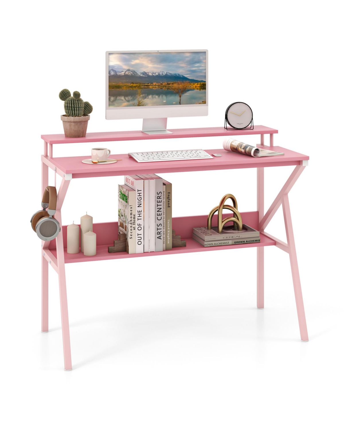Mecale Space Saving Computer Desk with Monitor Stand and Extra Storage Shelf for Work Study