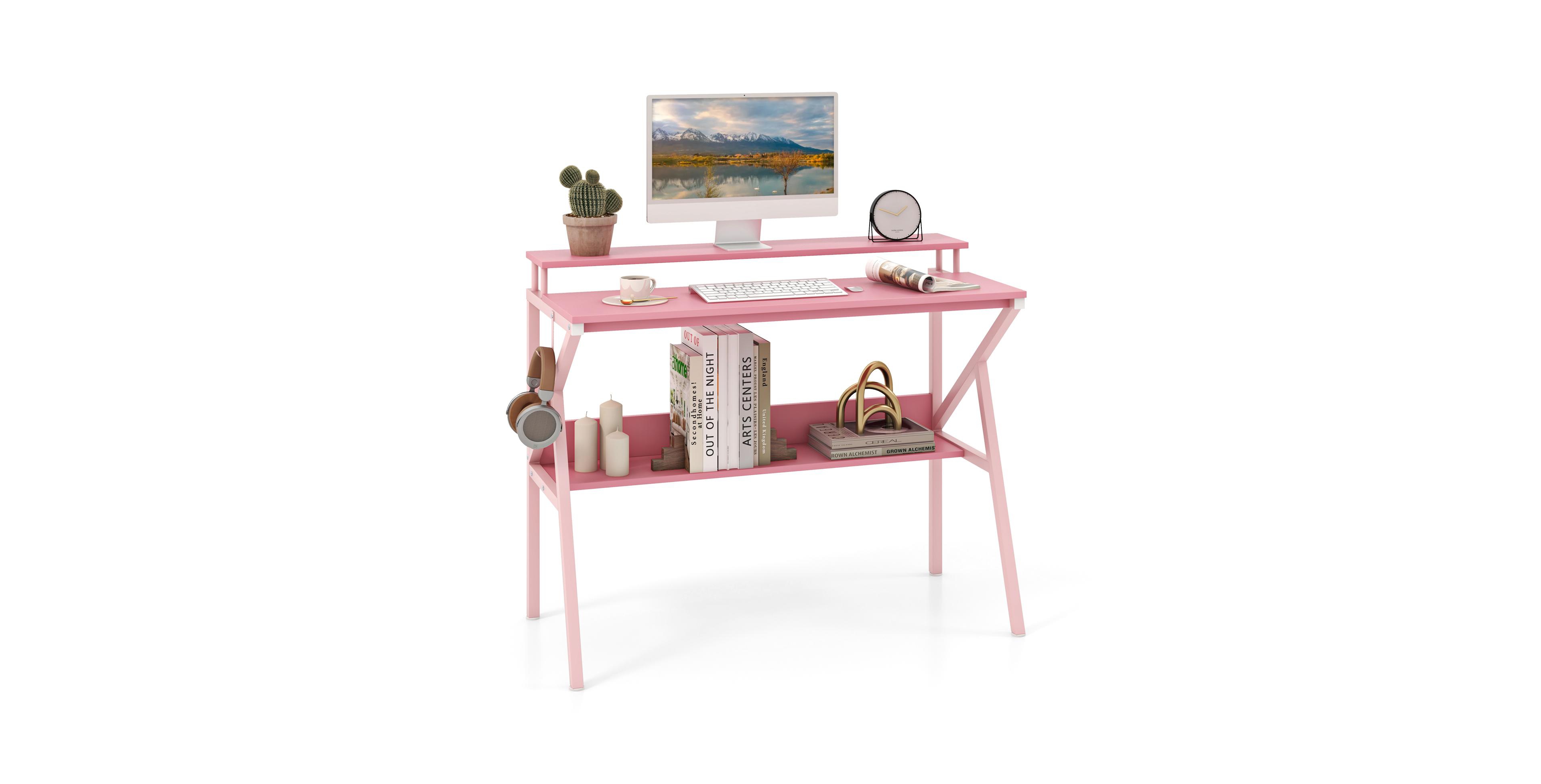 Mecale Space Saving Computer Desk with Monitor Stand and Extra Storage Shelf for Work Study