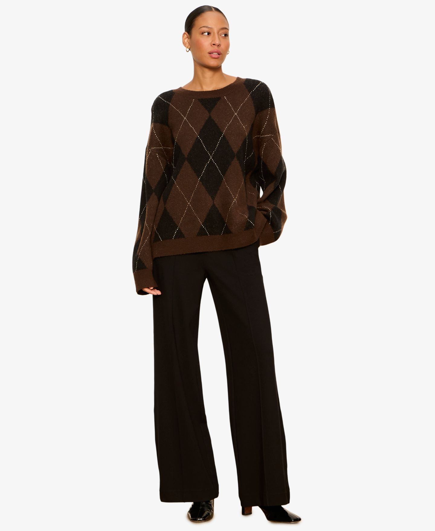 Женский свитер Sanctuary Argyle Crew Long-Sleeve Pullover, цвет: Тёмно-коричневый с ромбами — фото 4