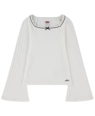 Girls' 7-16 Bell-Sleeve Square-Neck Ribbed-Knit Top