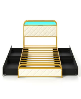 Twin Full Queen Size Bed Frame with LED Lights and Charging Station Gold Twin Size