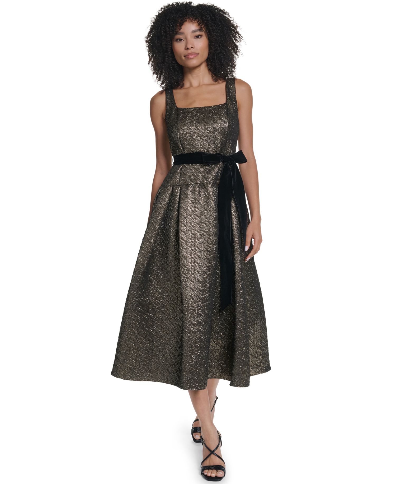 Women's Metallic-Jacquard Square-Neck Fit & Flare Midi Dress