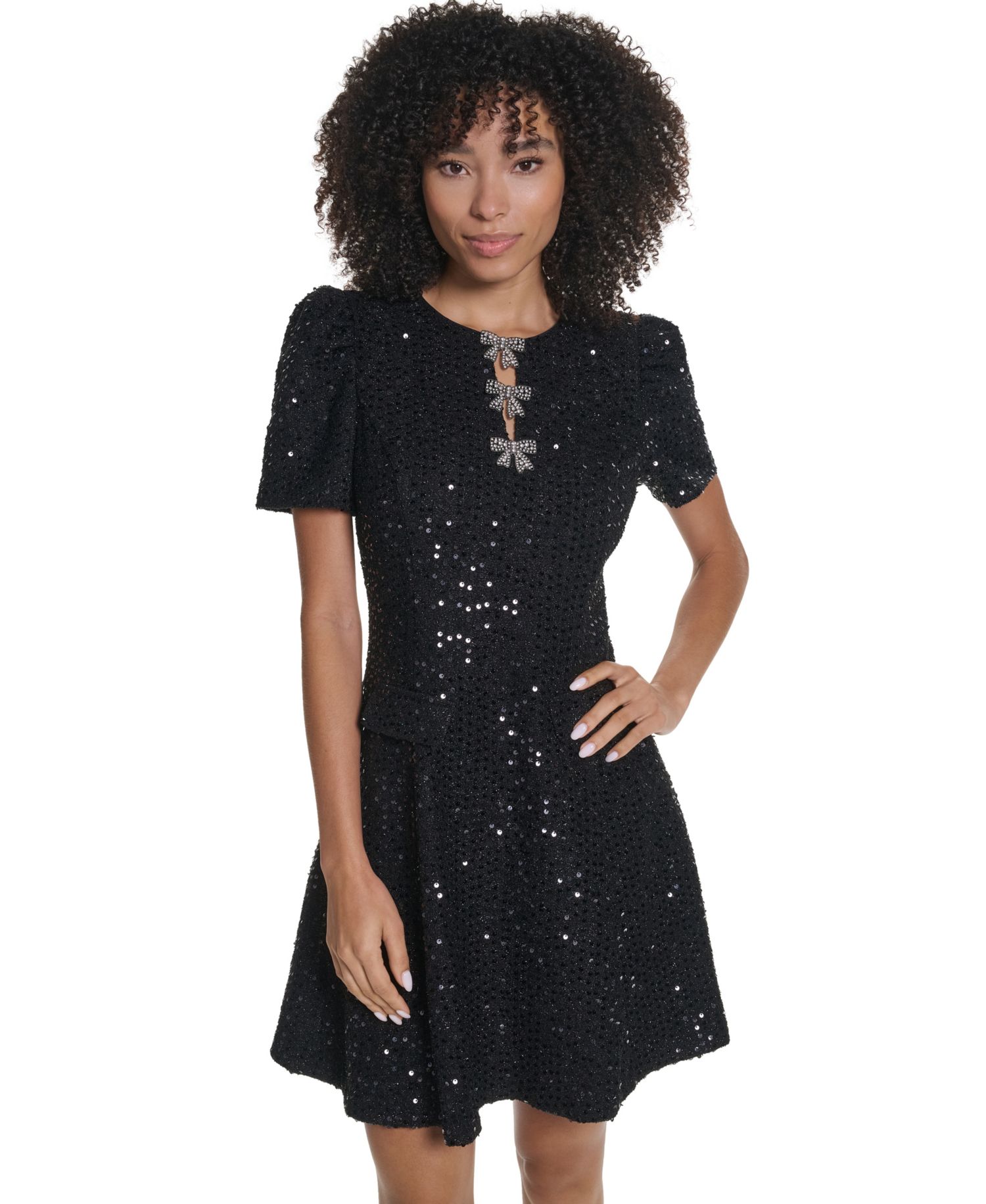 Women's Sequin Tweed A-Line With Bow Detail Dress