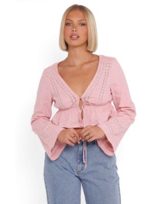 Women's Reed Front-Tie Lace-Trim Peplum Top