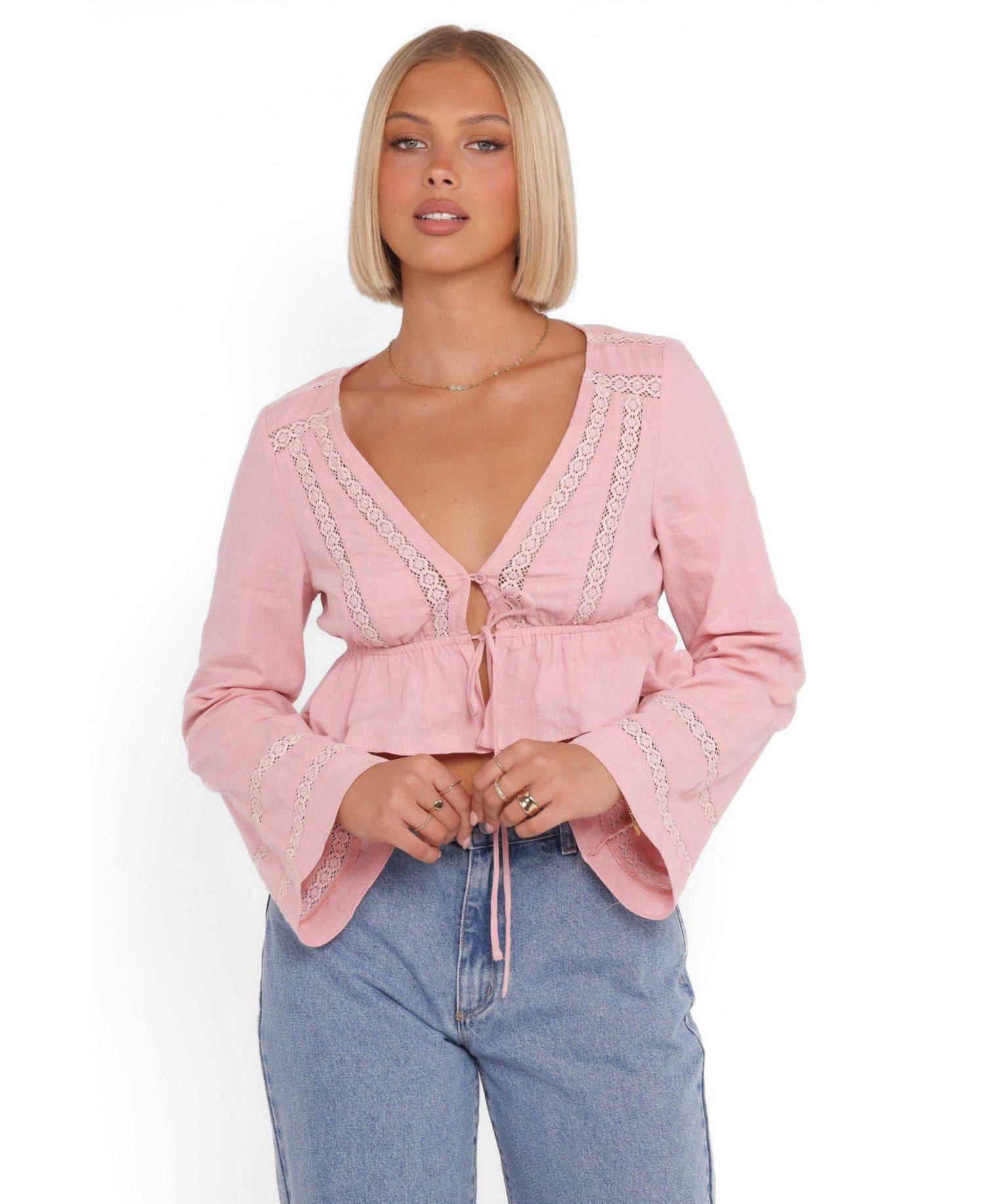 Women's Reed Front-Tie Lace-Trim Peplum Top