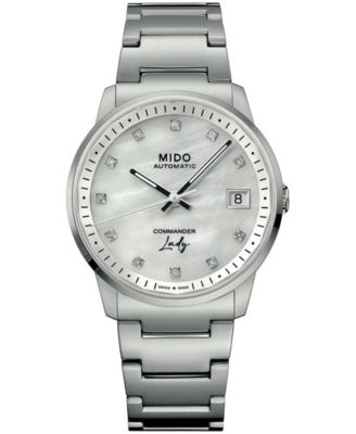 Women's Swiss Automatic Commander Mother of Pearl Dial with Diamond Hour Markers Stainless Steel Watch 34mm