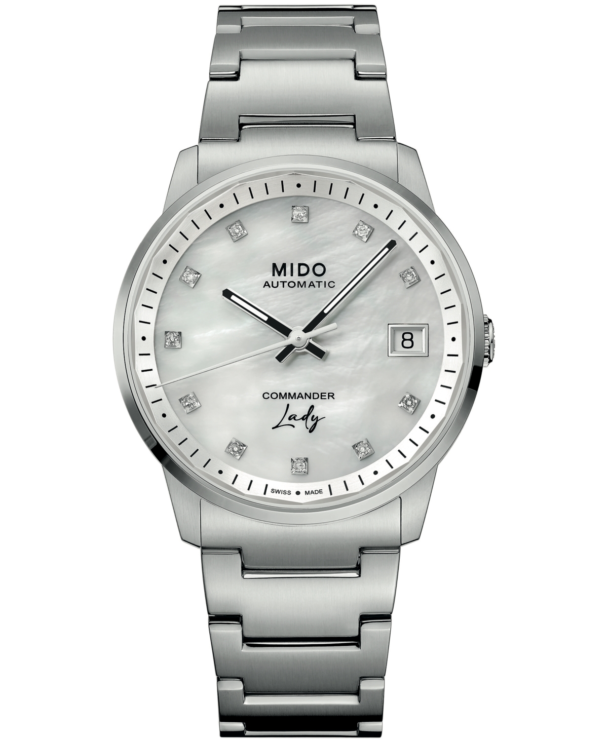 Mido Women's Swiss Automatic Commander Mother of Pearl Dial with Diamond Hour Markers Stainless Steel Watch, 34mm