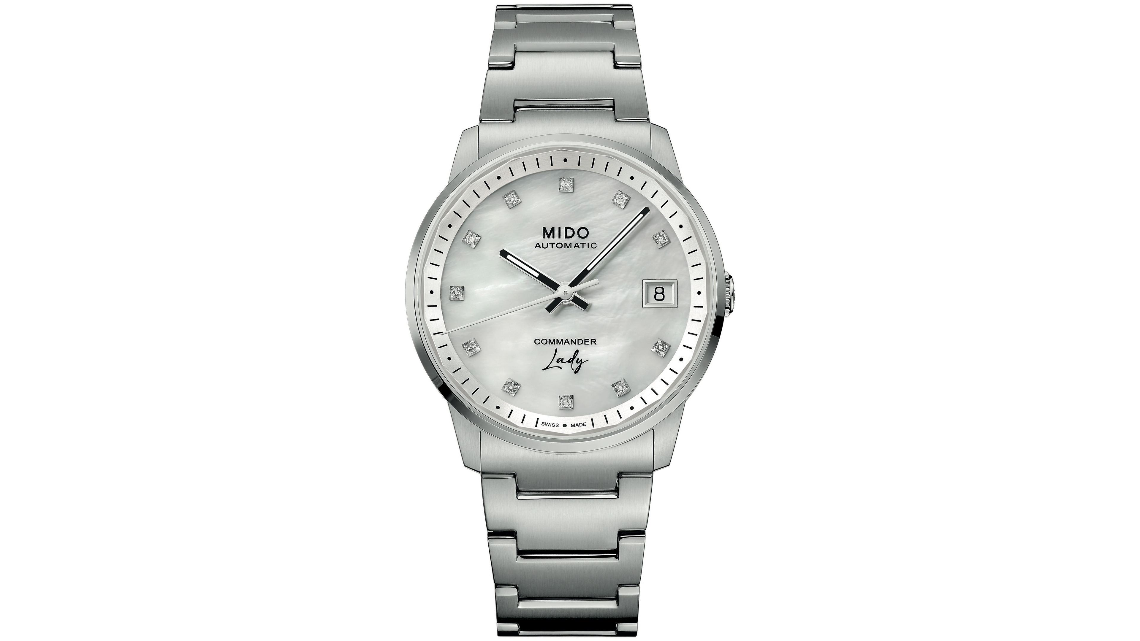 Mido Women's Swiss Automatic Commander Mother of Pearl Dial with Diamond Hour Markers Stainless Steel Watch, 34mm