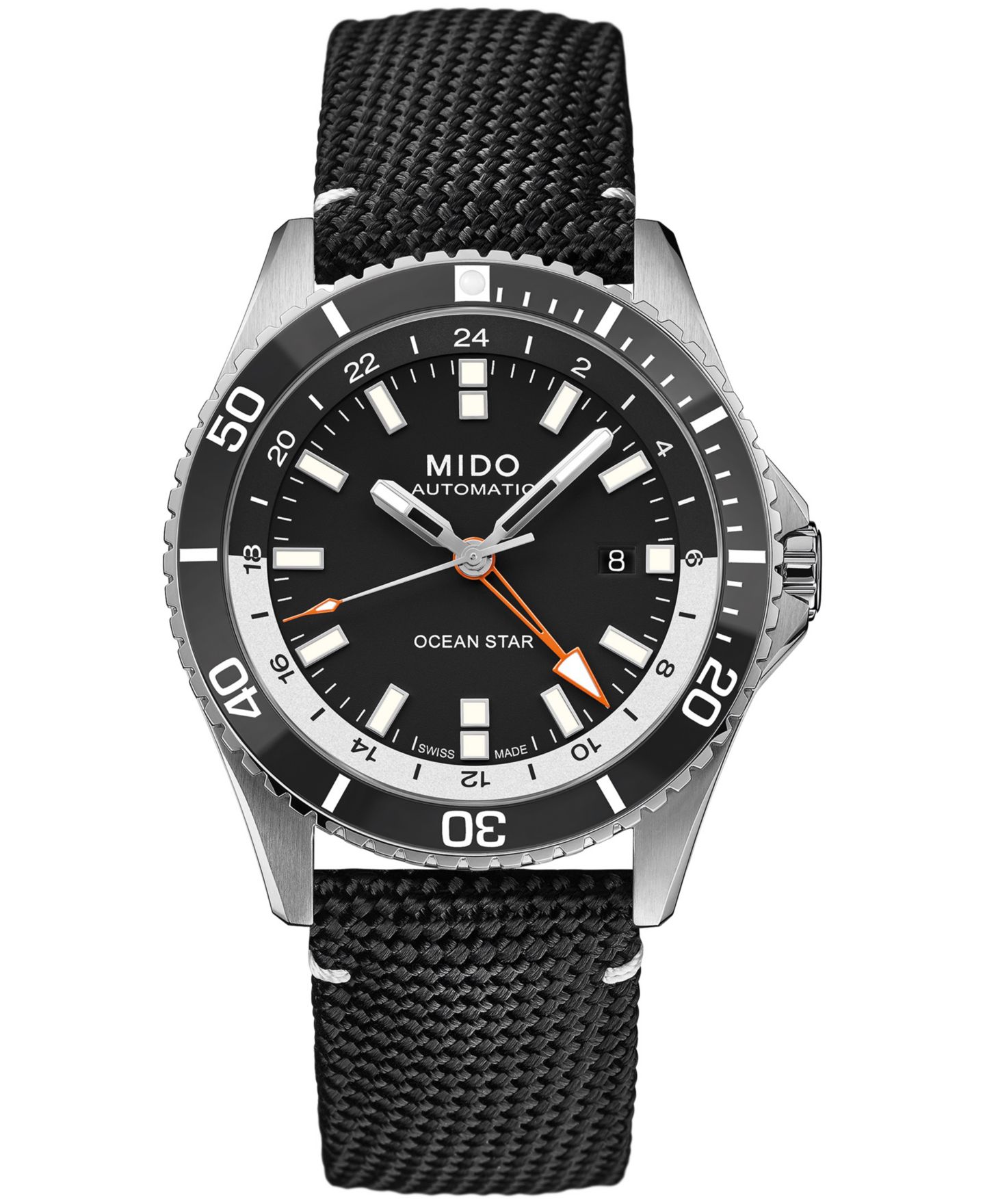 Мужские часы Mido Swiss Automatic Ocean Star GMT с чёрным нейлоновым ремешком, 44 мм — фото 1