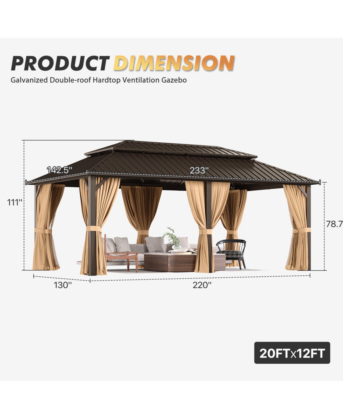 Aoxun Hardtop Gazebo with Double Galvanized Steel Roof, Metal Pavilion Netting and Privacy Curtain for Backyard