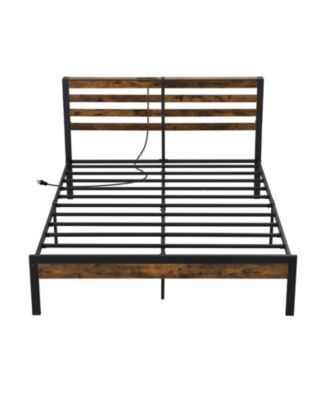 Full Queen Size Bed Frame with Charging Station and Storage Headboard Queen Size