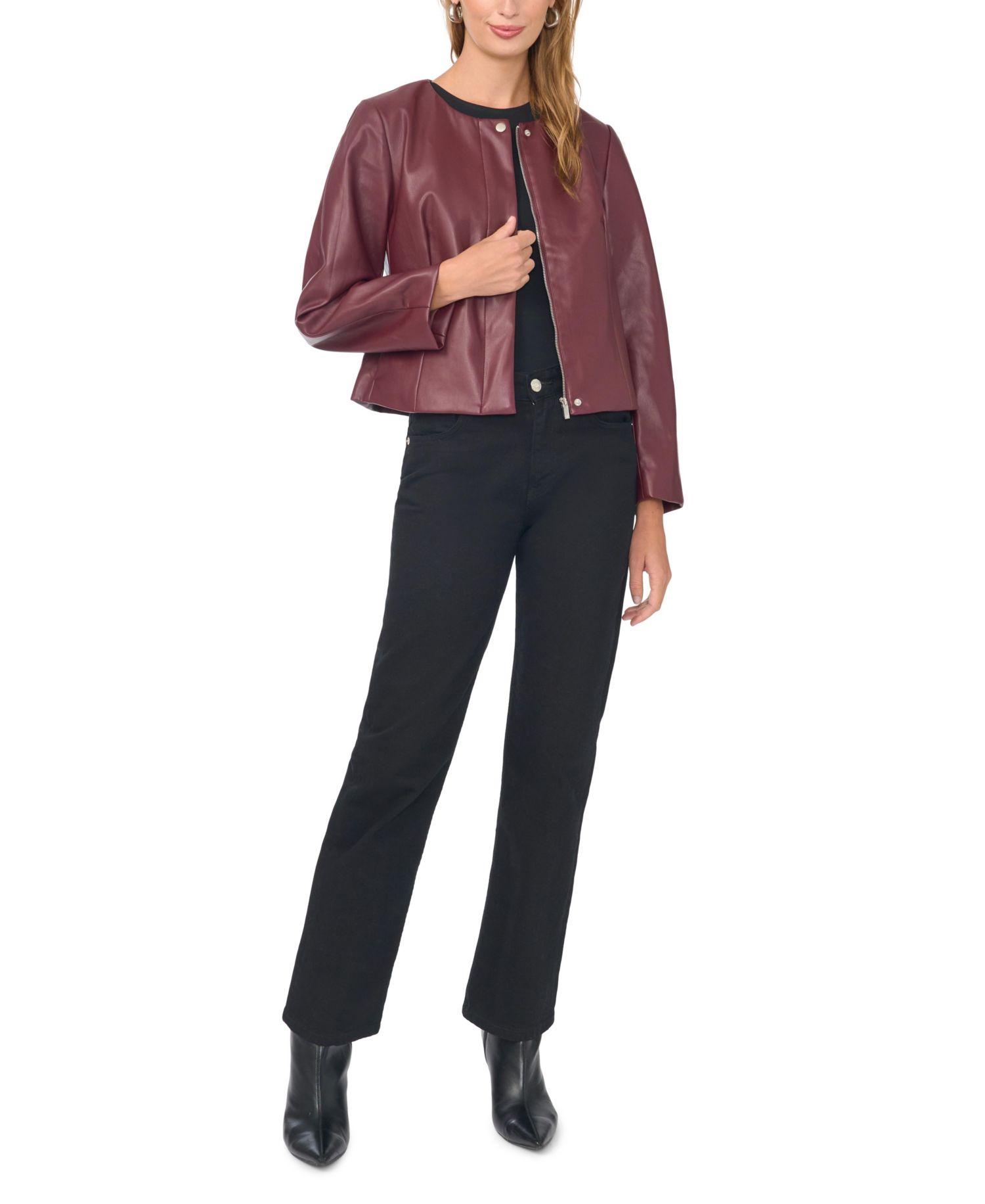 Women's Cropped Balloon-Sleeve Crewneck Faux Leather Jacket
