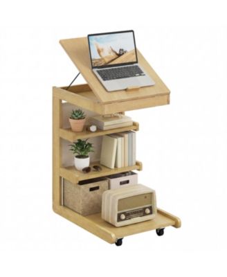 C Shaped End Table with Wheels and Adjustable Desktop for Sofa Couch Bedside