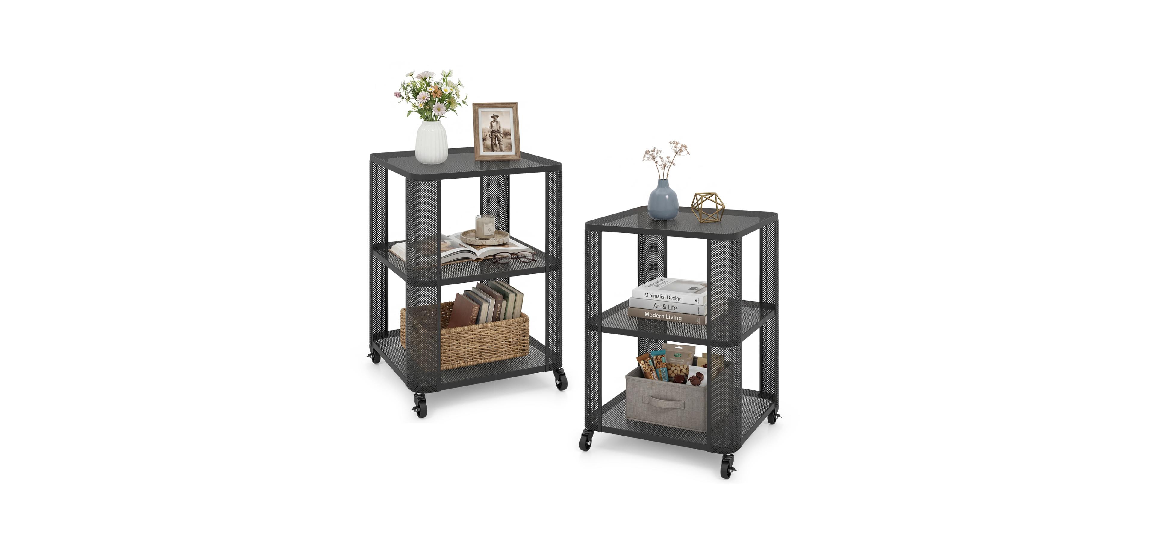 Mecale 3 Tier End Table with Wheels Rolling Side Table with Open Storage Shelves Set of 2