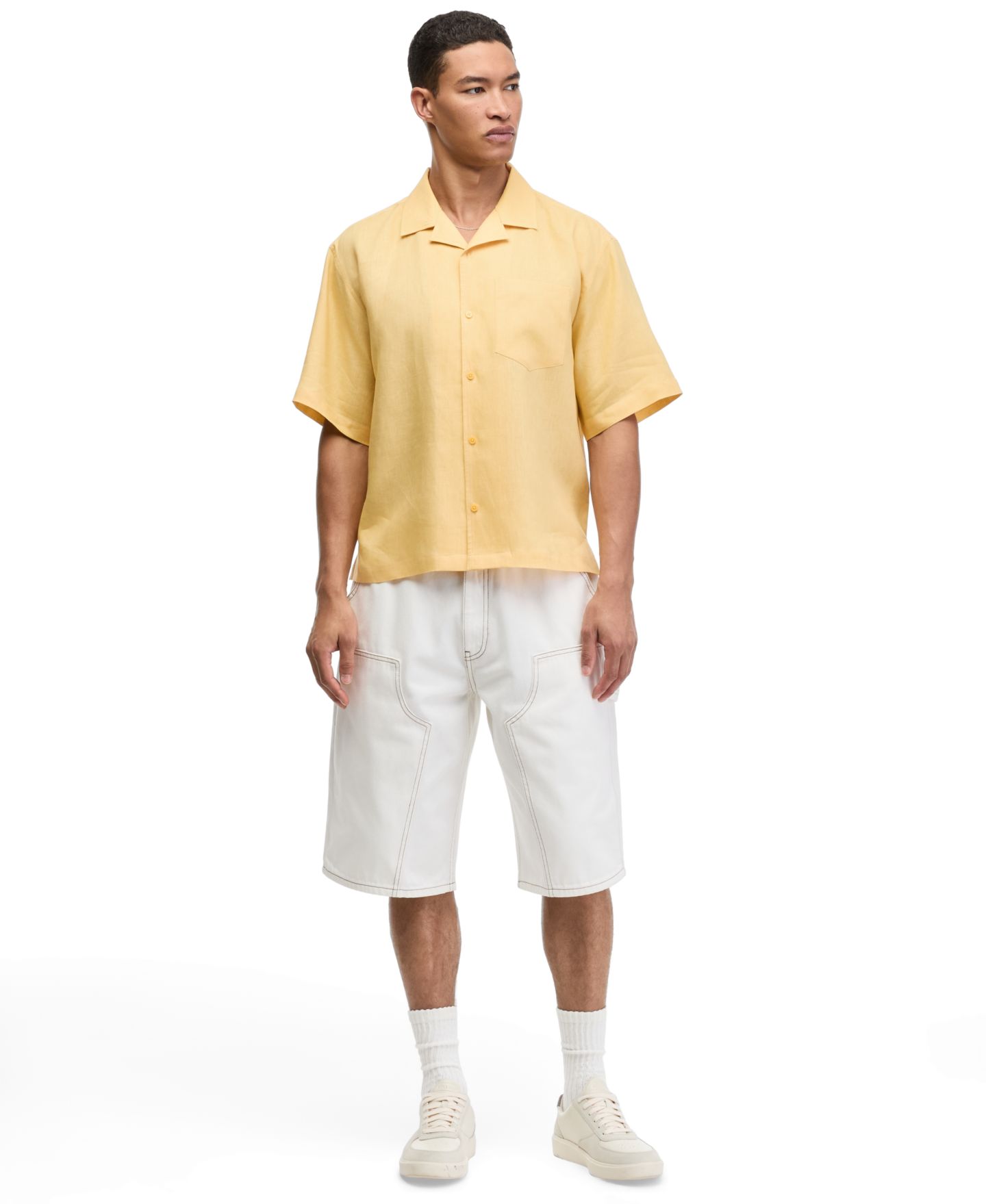 Мужская рубашка Mode of One Boxy-Fit Short-Sleeve Linen Camp, цвет: Cornsilk — фото 3