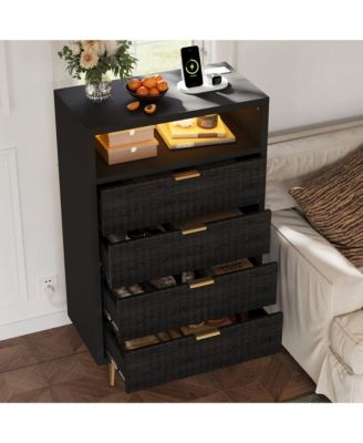 Modern Fluted 4-Drawer Dresser with LED Lighting and Charging Station - 28" Wide Chest, Gold Handles, Multi-Room Storage
