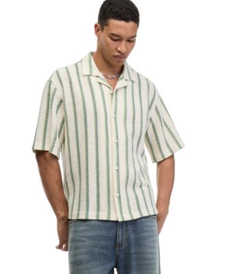 Men's Camp Collar Stripe Crochet Short-Sleeve Shirt, Macy's Exclusive