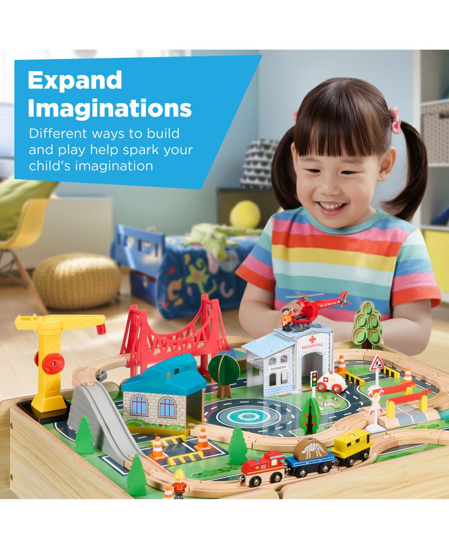 Детские конструкторы Best Choice Products Train Set Wooden Activity Table with Reversible Top and Storage Drawer, 56-Piece Set, Ages 3+, цвет: Натуральный — фото 3