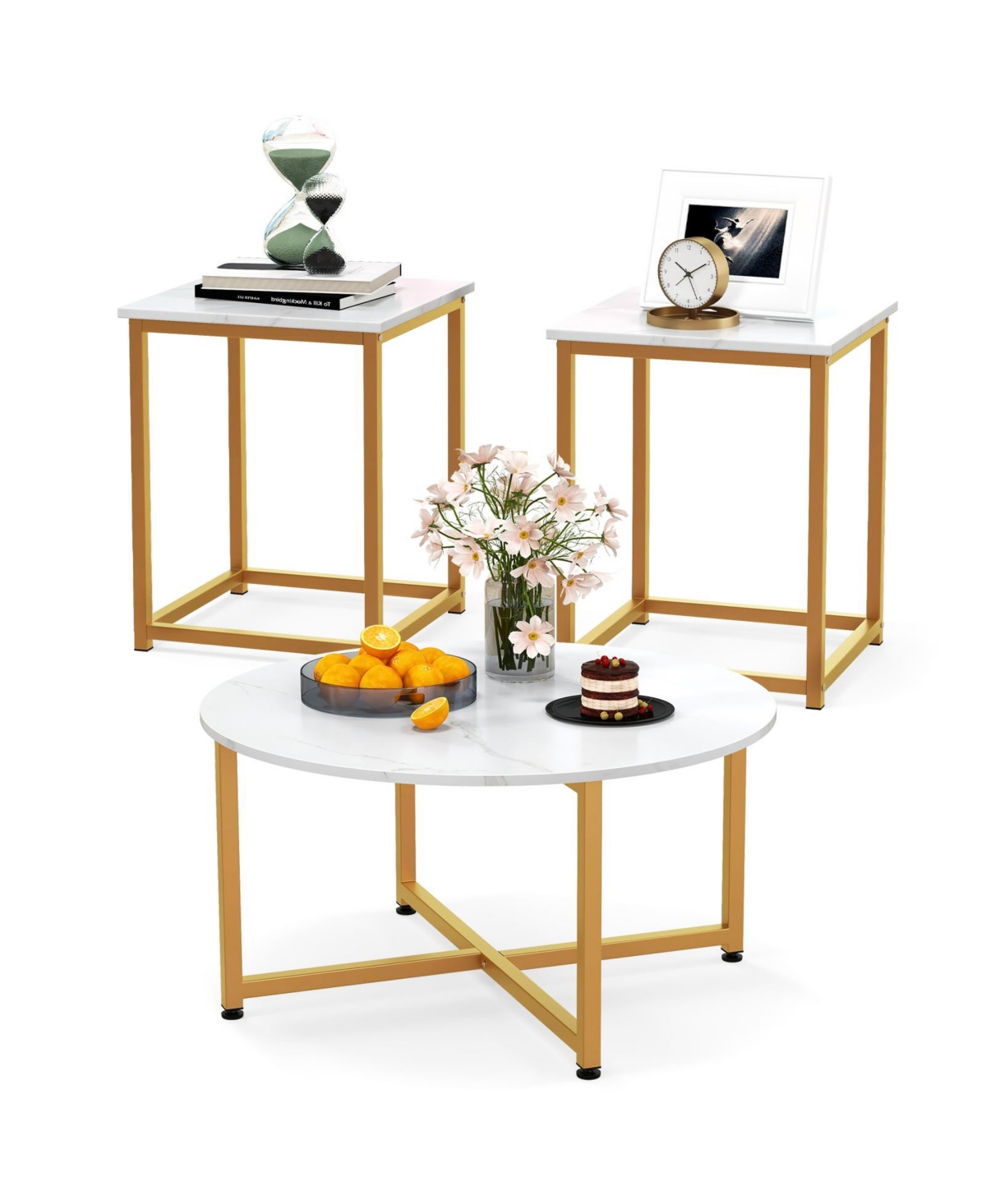 Mecale 3 Piece Coffee Table Set Round Coffee Table and 2PCS Square End - White