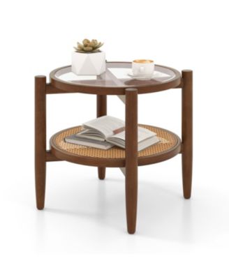 Rattan Round Side End Table with Tempered Glass Tabletop