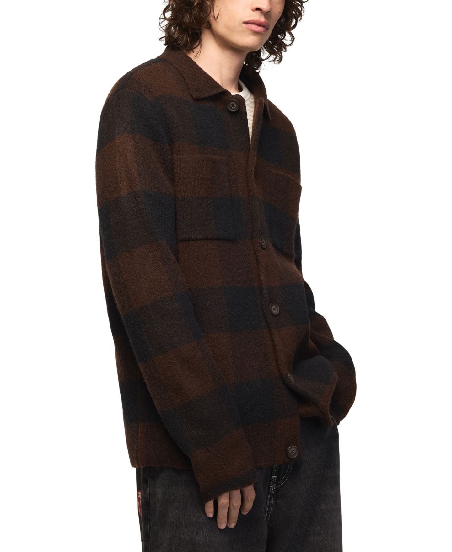 Мужской кардиган Lucky Brand Plaid Birdseye Jacquard Knit Button-Down, цвет: Кофейный — фото 3