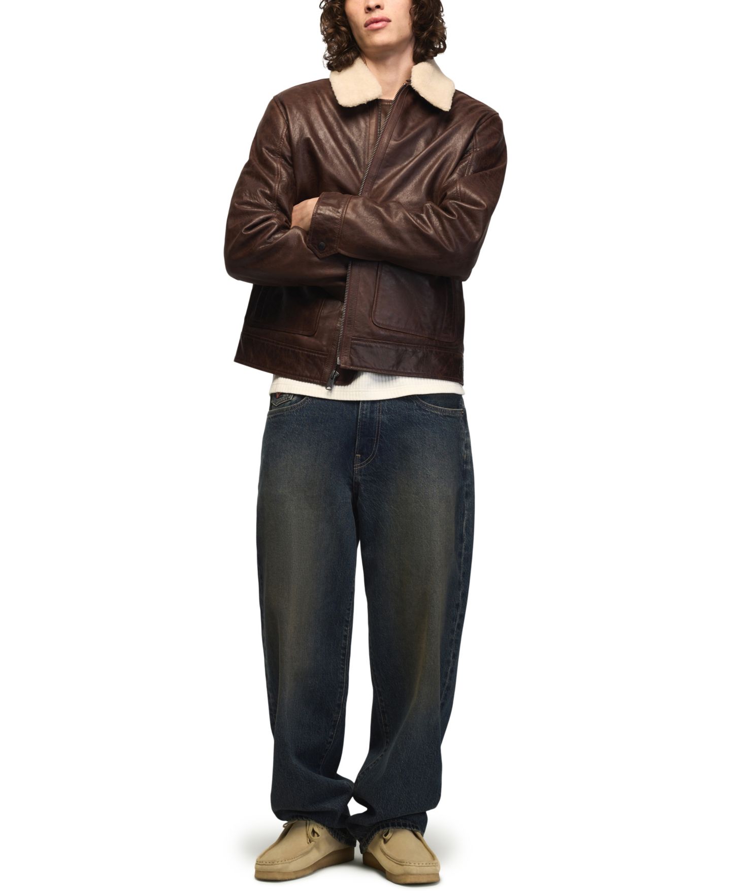 Мужская куртка Lucky Brand Aviator Faux Shearling Collar Regular-Fit Leather, цвет: Коричневый — фото 2