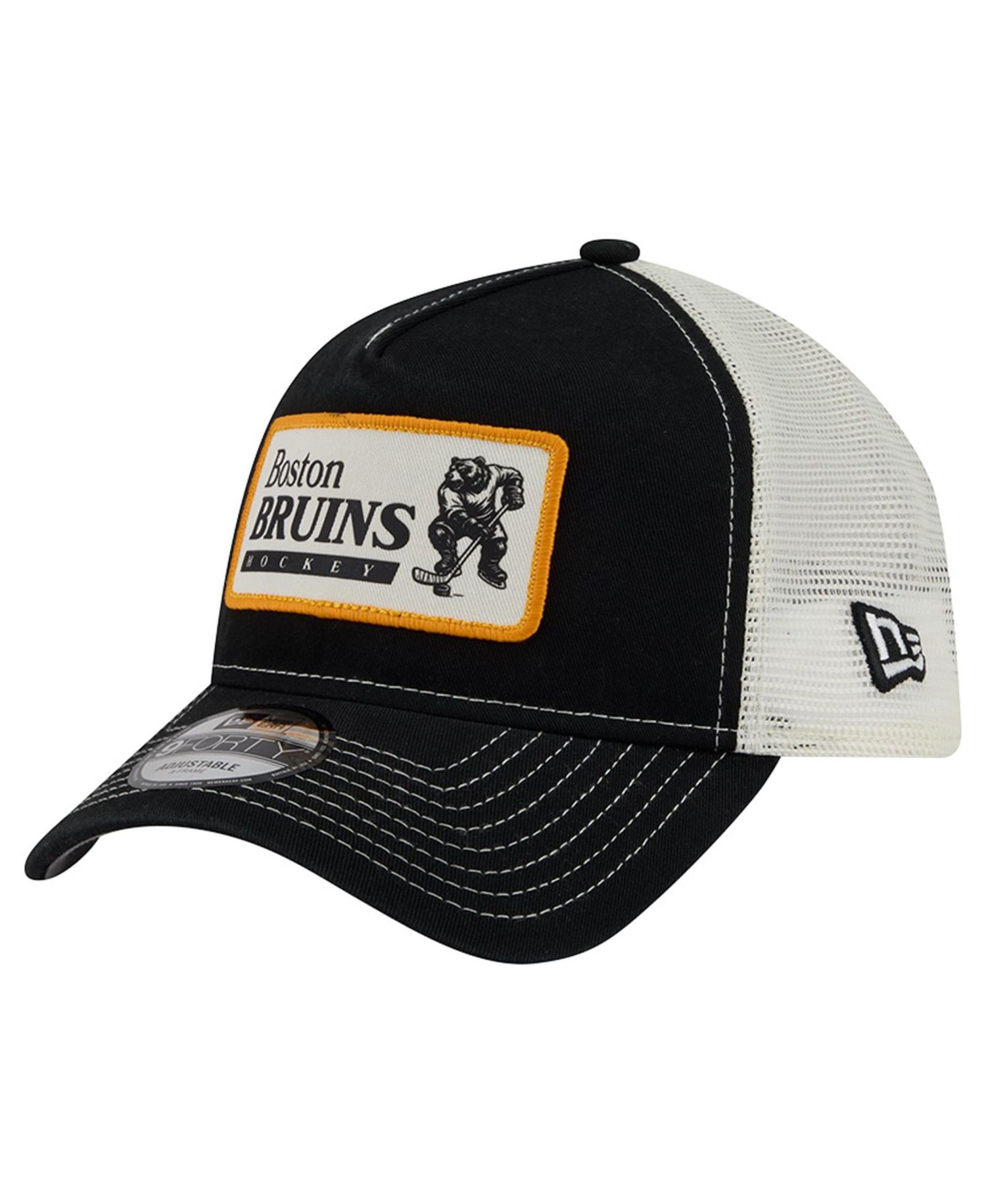 Men's Black/White Boston Bruins Skater Patch A-Frame 9FORTY Adjustable Trucker Hat