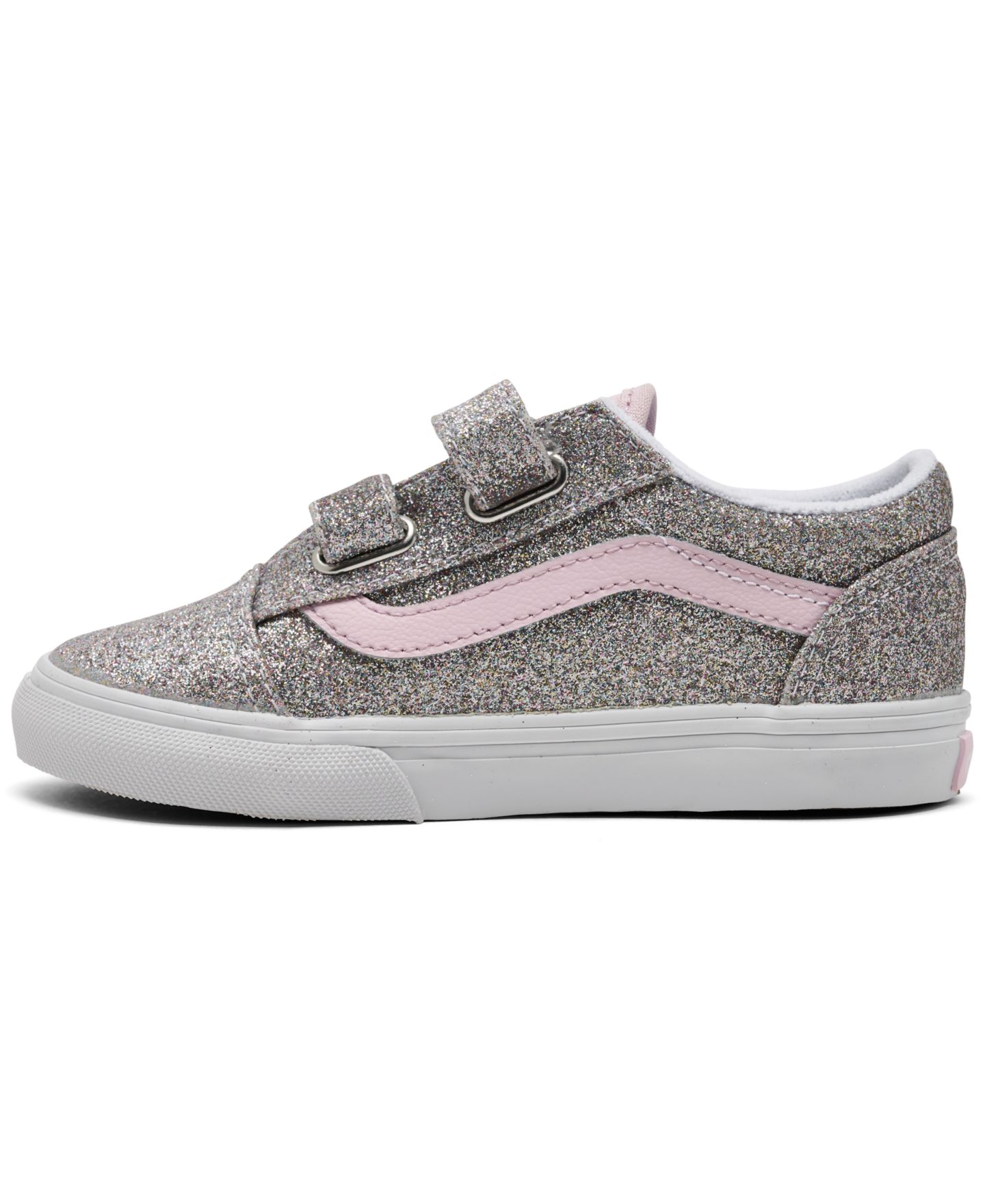Детские низкие кеды Vans Old Skool V с блёстками на липучках для девочек, Finish Line, цвет: Серебристый / Розовый — фото 3