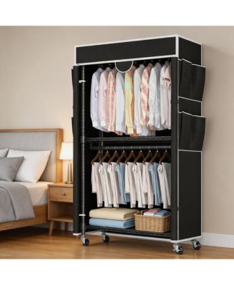 Heavy Duty Clothing Rack with Cover, Portable Closet Wardrobe with Double Hanging Rods and Wheels, 3-Tier Storage Shelves
