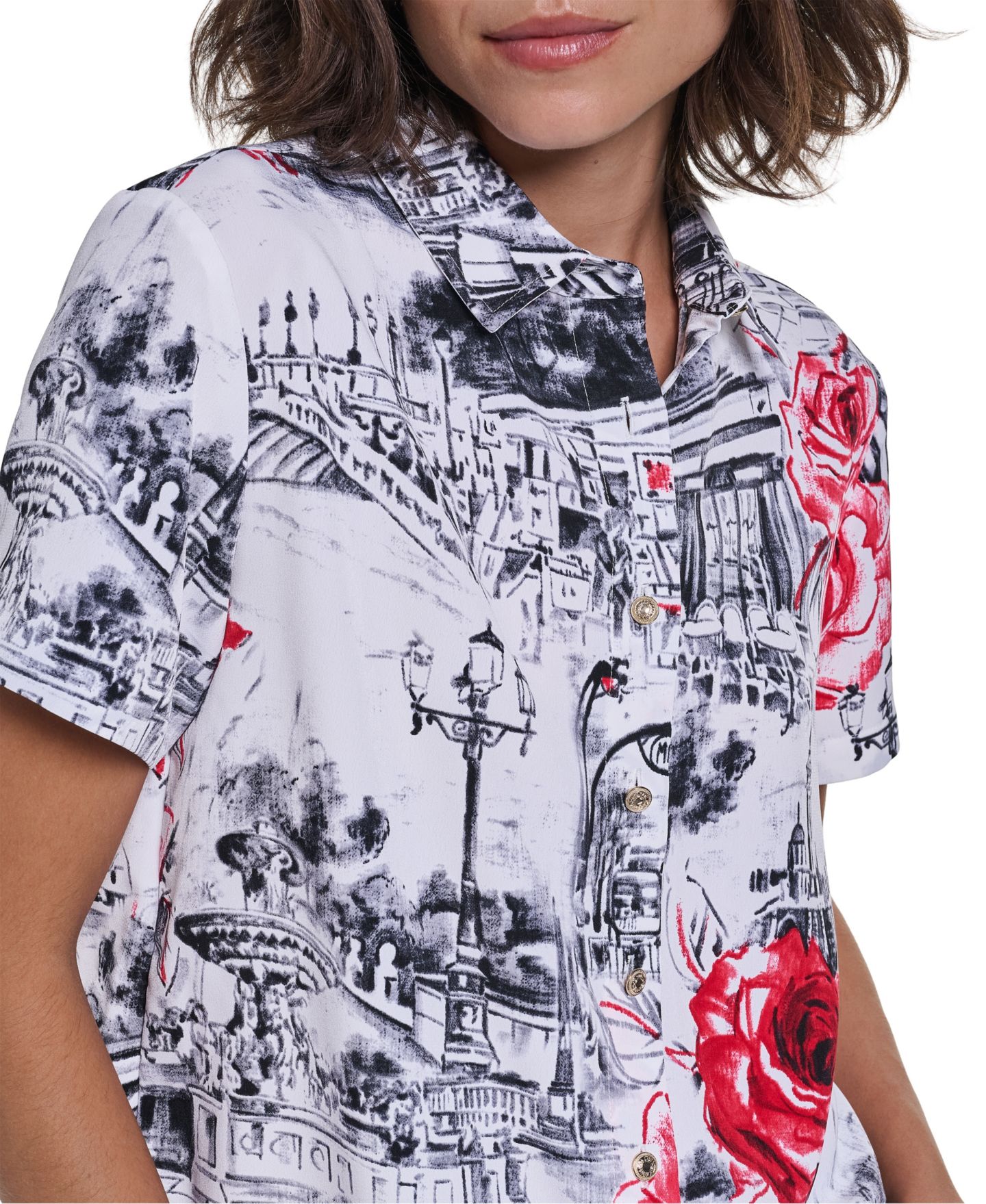 Женская блузка KARL LAGERFELD PARIS Allover-Print Short-Sleeve Button-Down, цвет: Белый / Красный разноцветный — фото 4