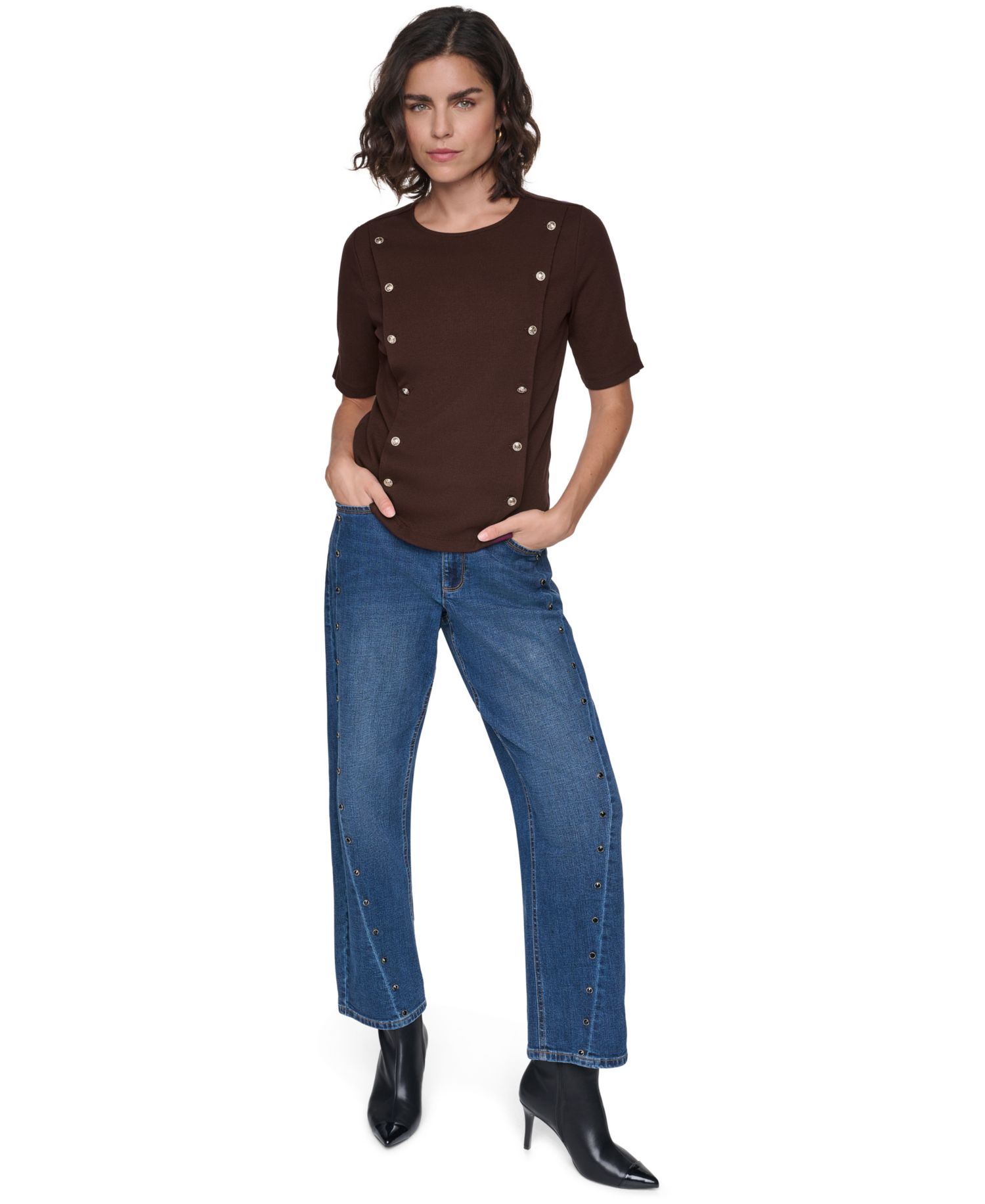 Petite Short-Sleeve Crewneck Ribbed-Knit Cotton-Blend Sweater