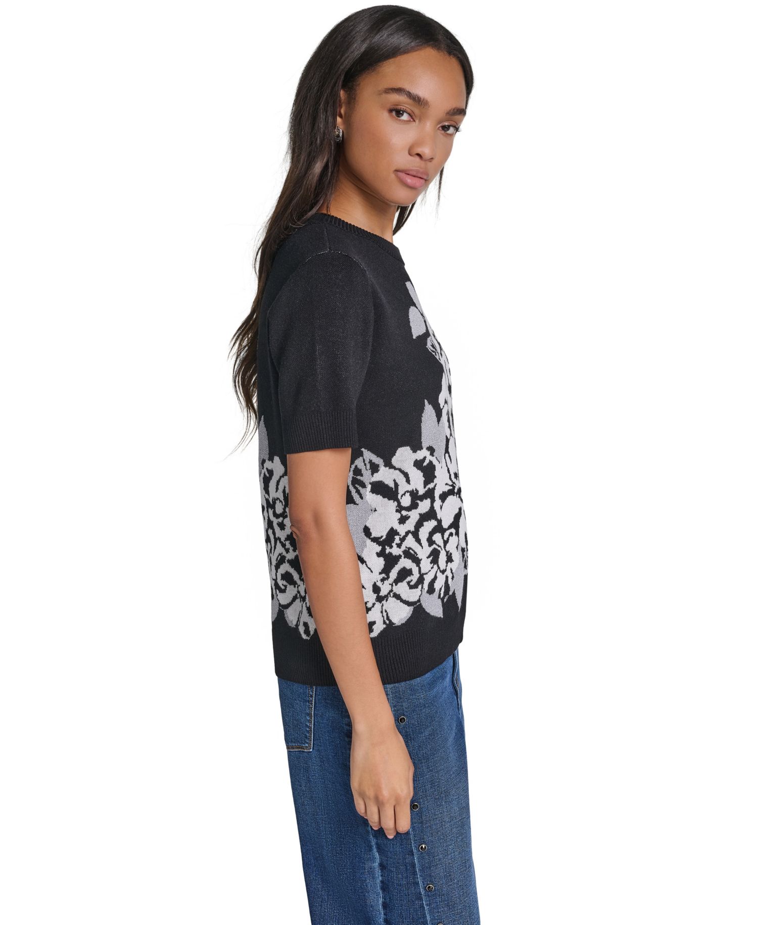 Women's Rose Crewneck Short-Sleeve Floral-Print Sweater