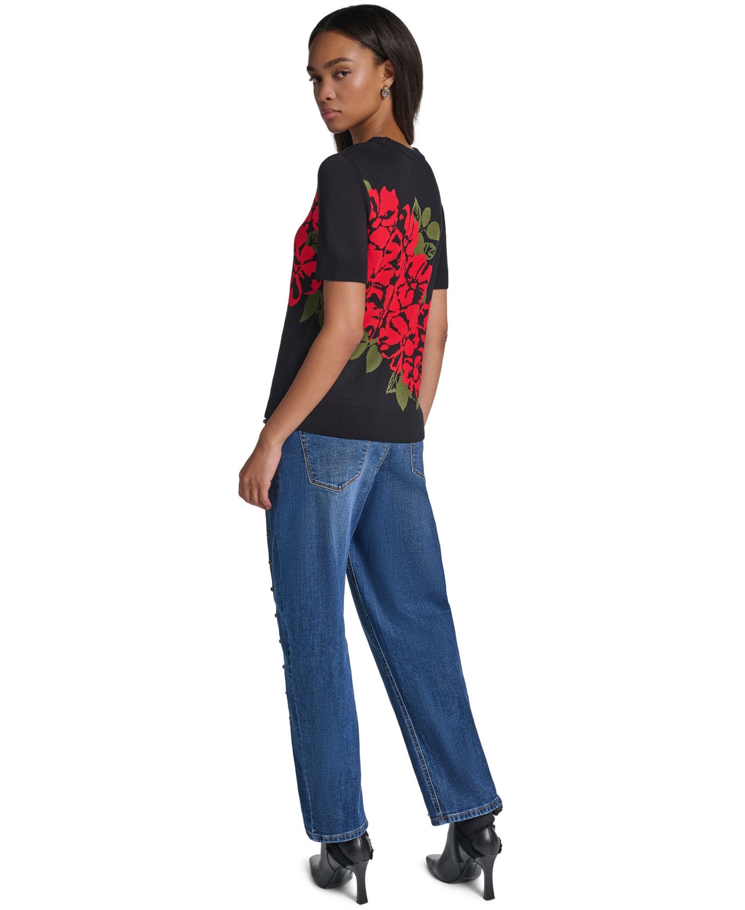 Women's Short-Sleeve Crewneck Rose-Print Pullover Sweater