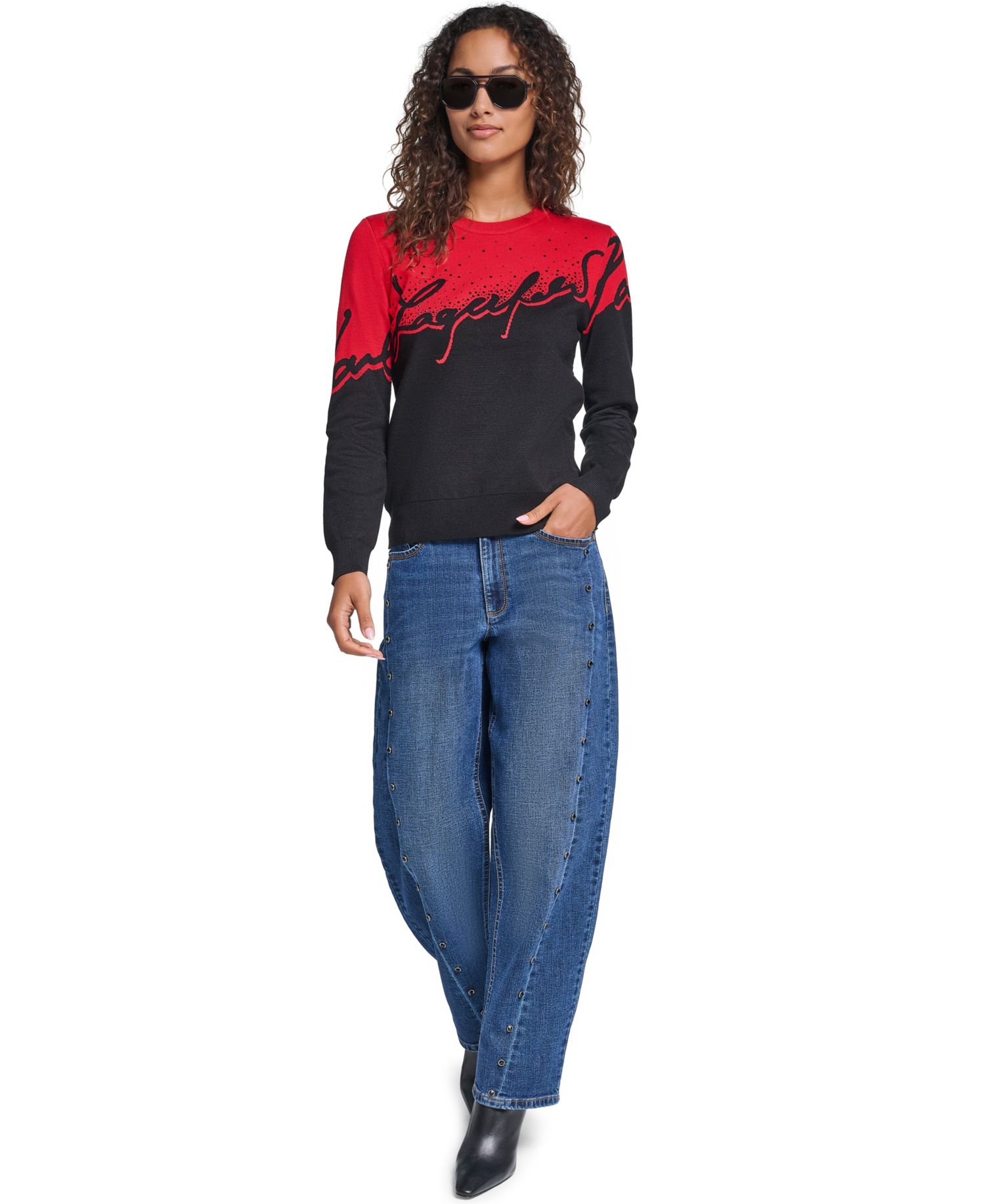 Women's Rhinestone-Logo Long-Sleeve Colorblock Sweater
