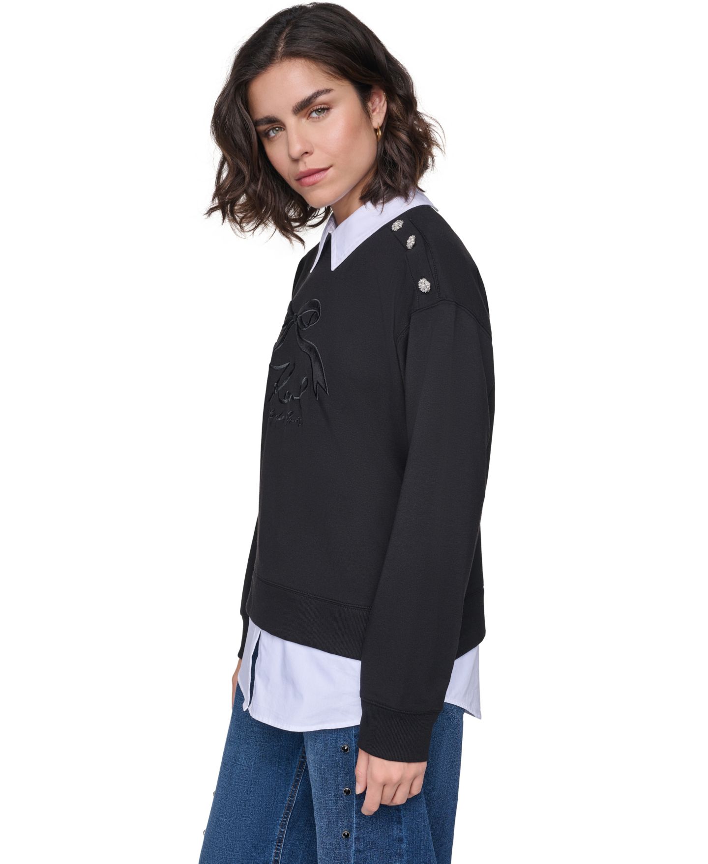 Женская толстовка KARL LAGERFELD PARIS Collared Twoffer Oversized Logo-Embroidered, цвет: Чёрный — фото 4