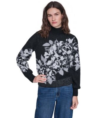 Women's Rose Mock Neck Floral-Print Sweater